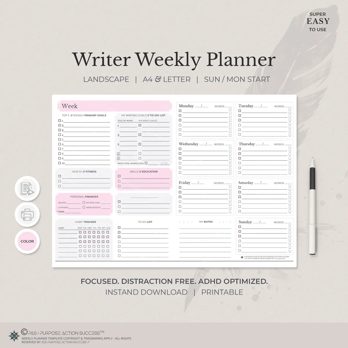 Author Weekly Planner Notepad Printable