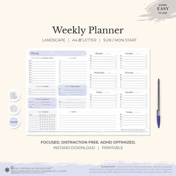 Weekly Planner Printable To Do List | Planner Weekly Organizer Journal | Weekly Agenda | Week At a Glance | A4 & Letter | Weekly Schedule