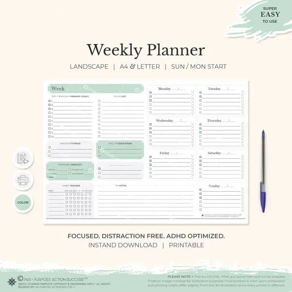Weekly Schedule Landscape | Weekly Planner Printable | Weekly Agenda | Desk Planner Printable | Weekly To Do List | Letter A4 | ADHD Planner