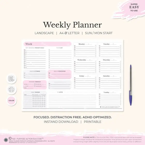 Weekly Planner Notepad Printable | A4 & Letter Weekly Planner | To Do List | Instand Download | Easy to Use Weekly Planner | Landscape