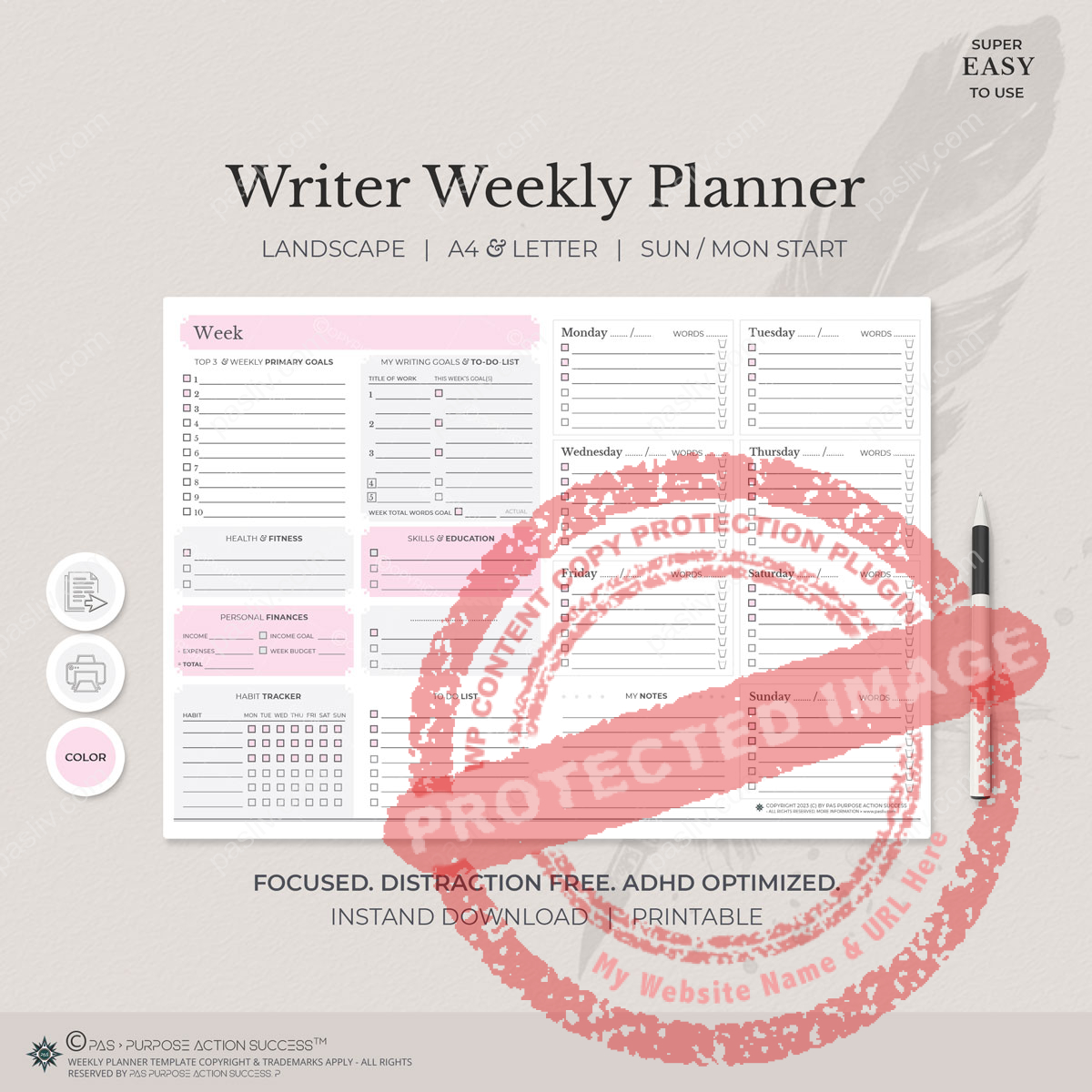 Author Weekly Planner Notepad Printable