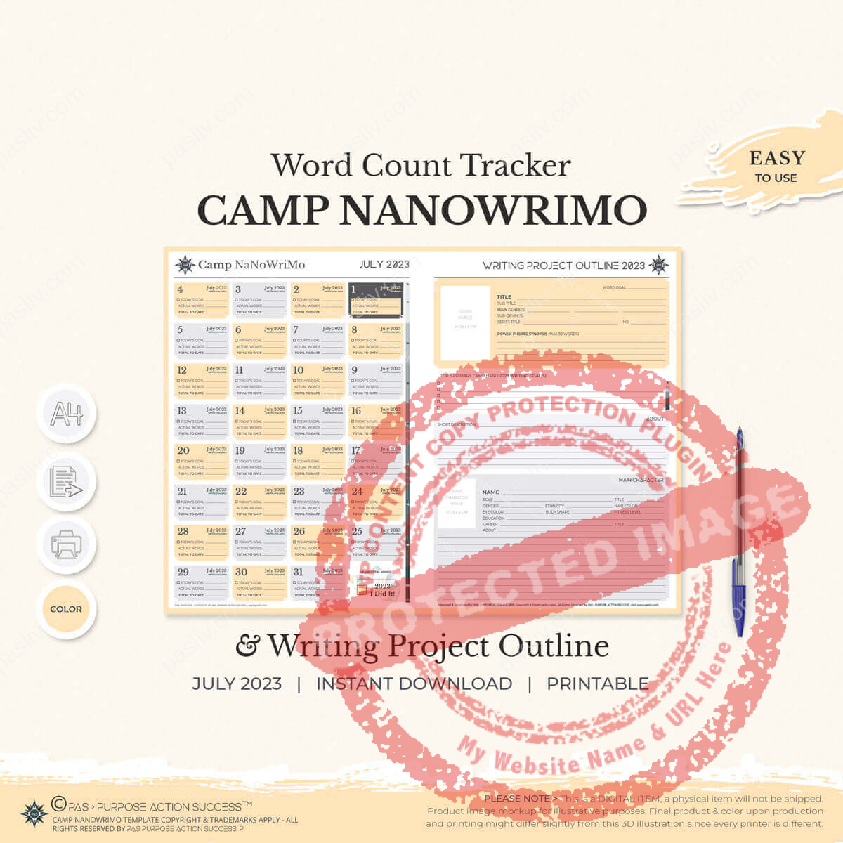Camp NaNoWriMo July 2023 Word Count Tracker & Writing Project Outline Template | Downloadable Printable Author Writer Word Count Template A4
